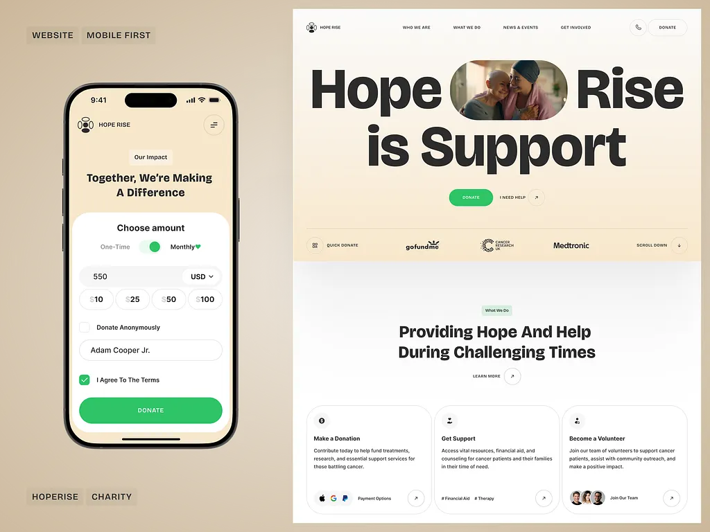 HopeRise charity UI preview 2